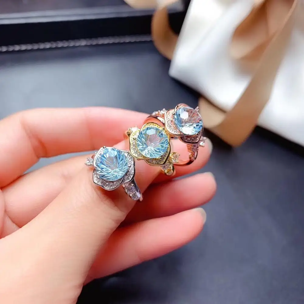 2022 new design natural topaz ring for women round natural gem certified fireworks real 925 silver gold plated birthday gift