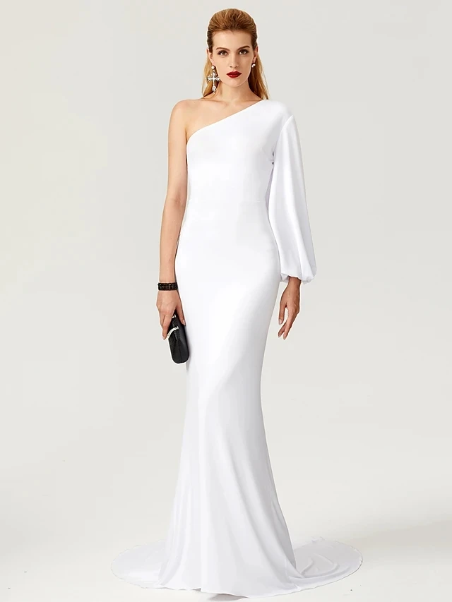 Vestido Formal De noche De satén blanco De sirena, manga larga, un hombro, para fiesta De graduación, De compromiso, 2021