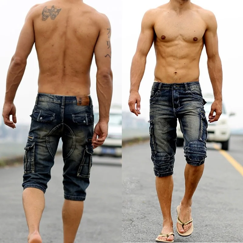 Vintage Summer Mens Straight Jeans Multiple Pockets Cargo Shorts Fashion Calf-Length Denim Shorts Plus Size Casual Jean Trousers