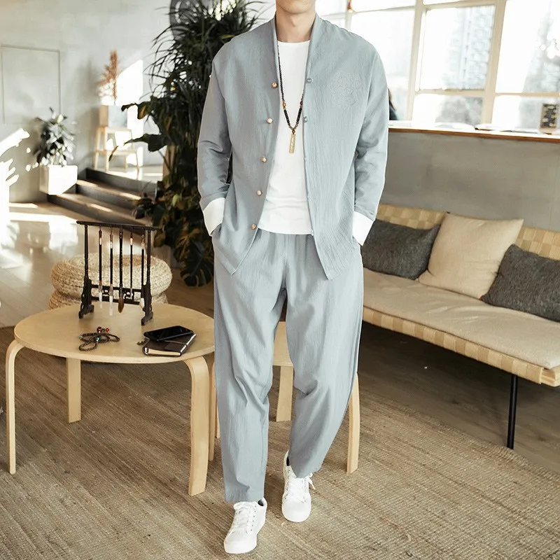 Autumn Chinese Style Mens Linen Tang Suit Casual Two Piece Set Vintage Jacket and Pants Loose Fit Men Tracksuit M-5XL