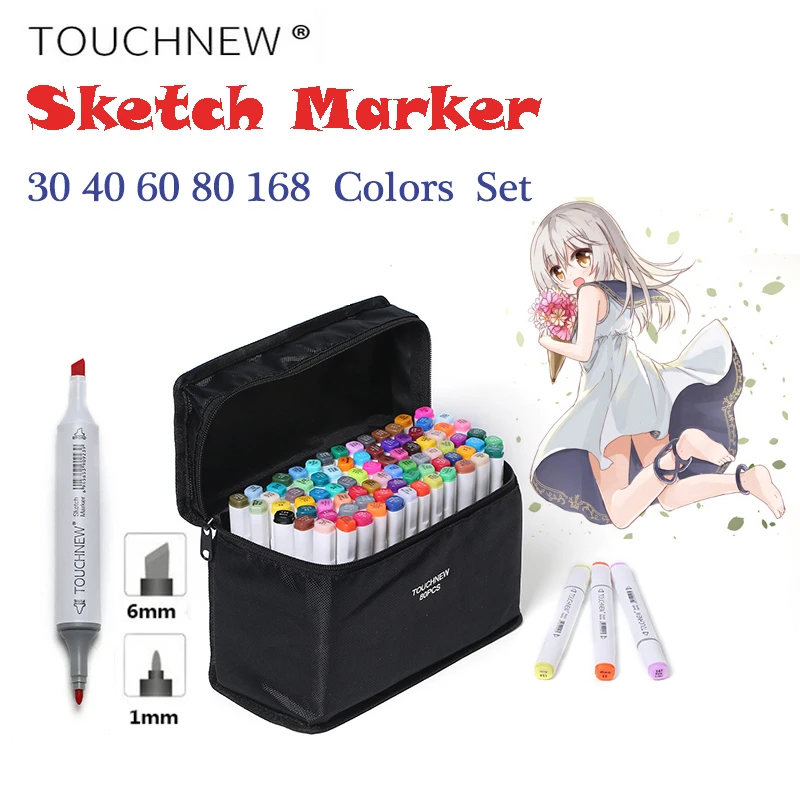 TOUCHNEW Alcohol Markers 30/40/60/80/168 Colors Dual Head Sketch Markers Brush Pen Set For Drawing Manga Design Art Markers