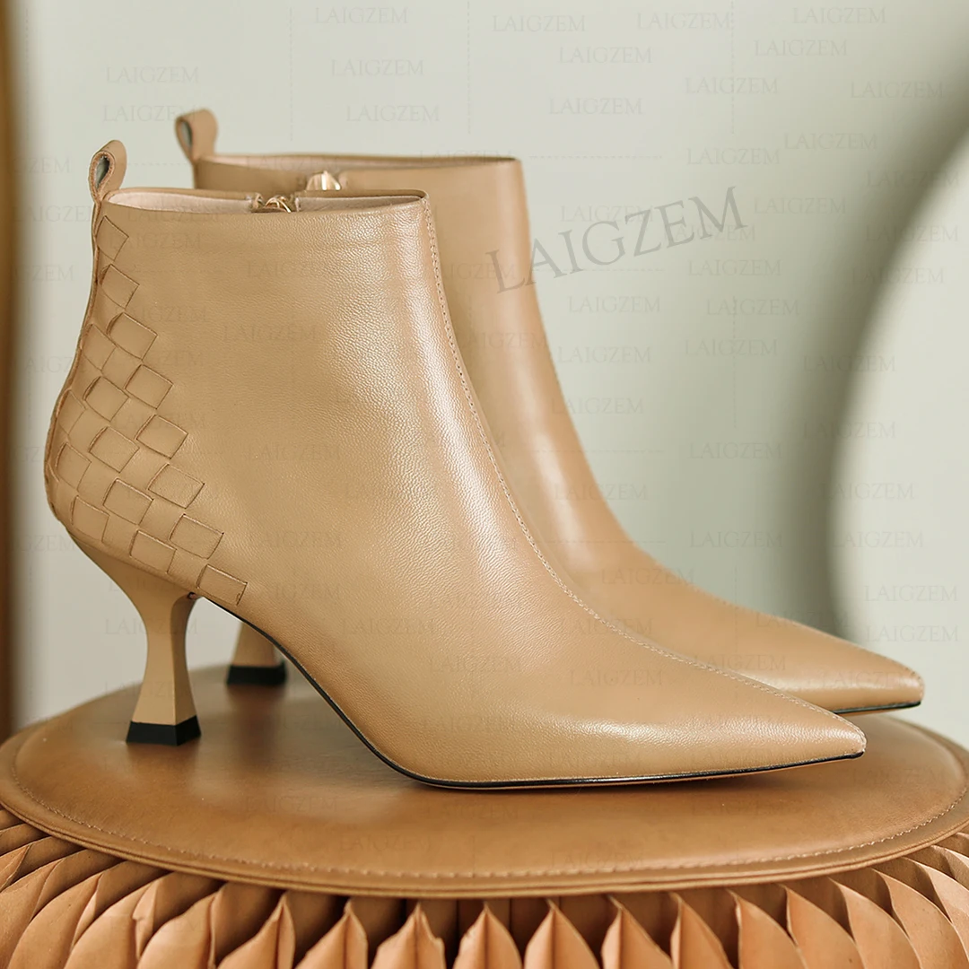 

LAIGZEM Women Ankle Boots GENUINE Leather Mid Heels Short Boots Pointed Toe Zip Up Ladies Prom Shoes Woman Big Size 38 40 42 43