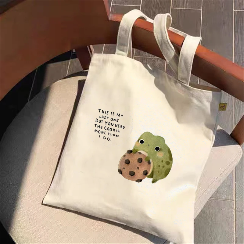 Canvas Tote Bag Shopper Bag Women Designer Handbag 2021 New Girl Fashion Casual Minimalist Style Frog Art Printing Shoulder Bags