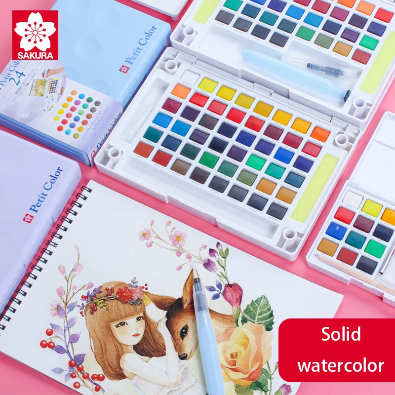 Japan SAKURA Solid Watercolor Paint 12/15/18/24/30/36/48 Color Hand-painted Sketch for Beginners Portable Boxed Set Art Supplies