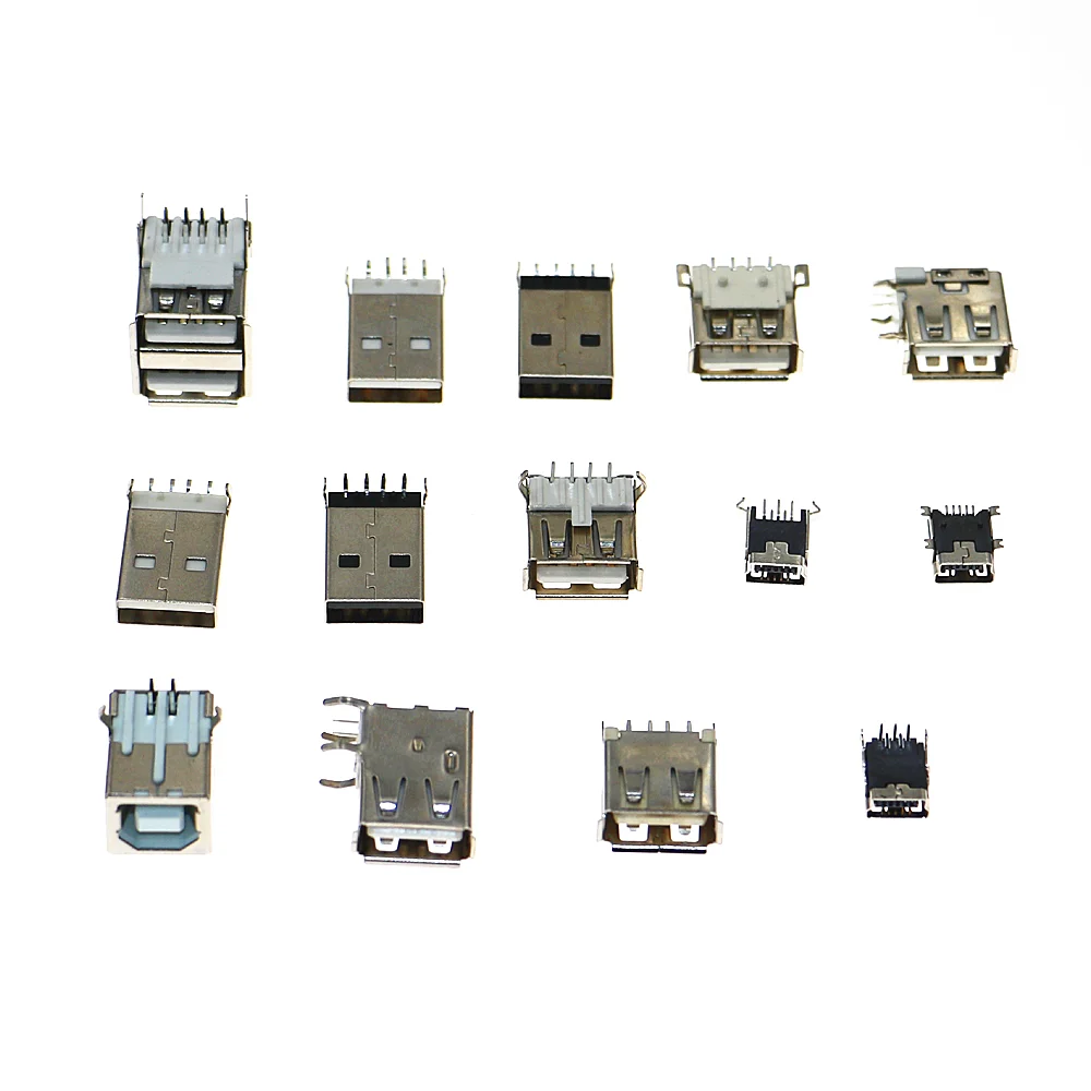 82 pçs/caixa 14 estilos usb macho usb fêmea mini usb smd conector de soquete vertical para diy jack conector porta carregamento dados plug