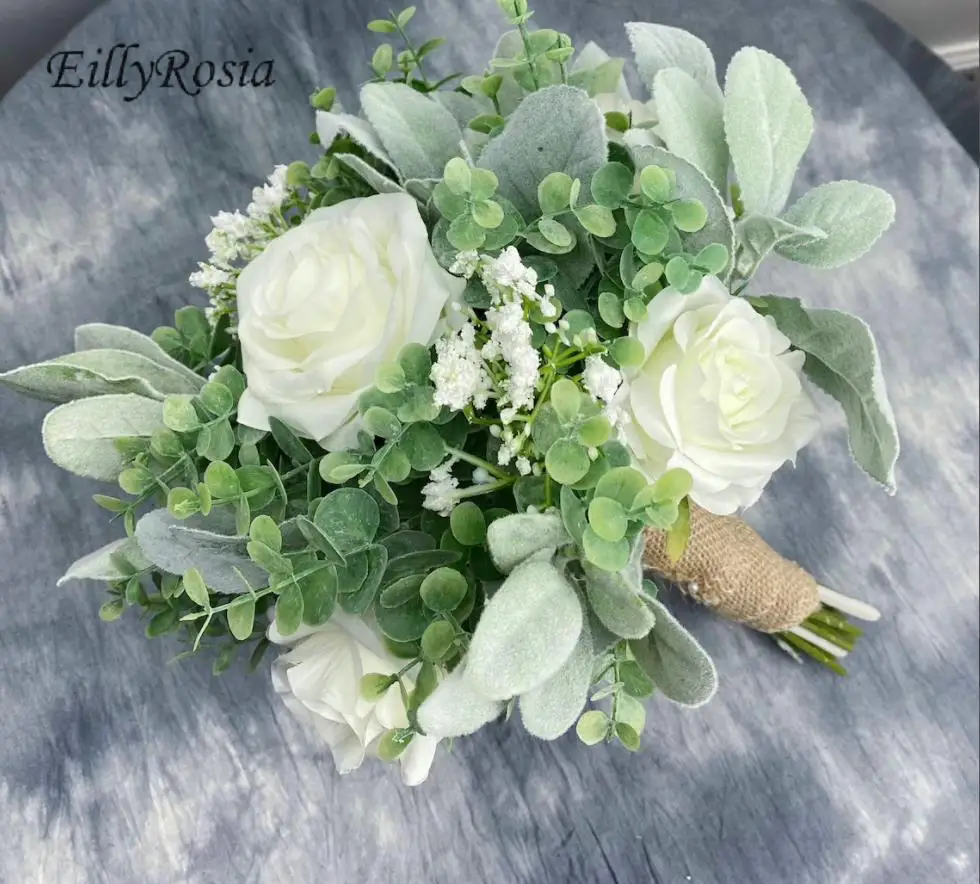 EillyRosia-ramo de flores verdes y blancas para dama de honor, rosa, eucalipto, destino de boda, ramo de novia rústico, con flores pequeñas