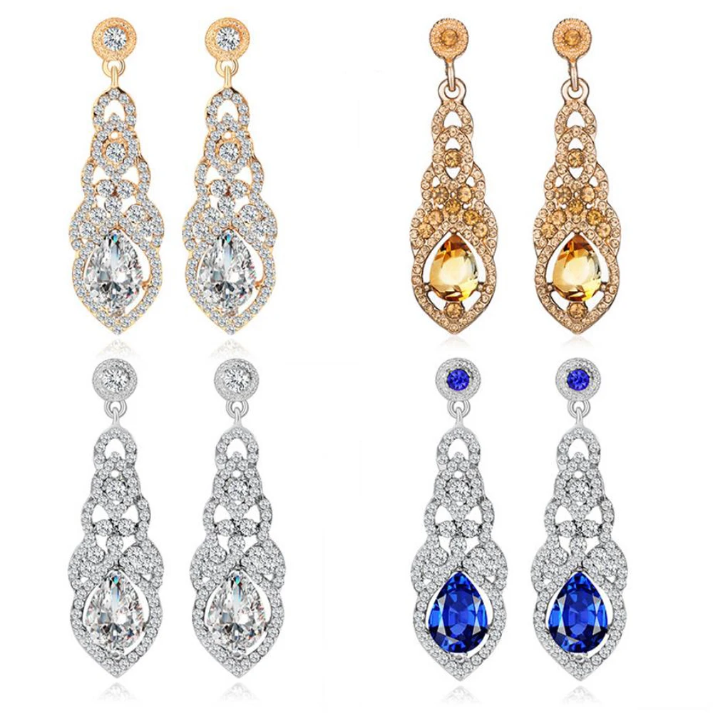 Dangle & Chandelier Earring  water-drop pendant white blue crystal setting alloy material silver color gold color plated