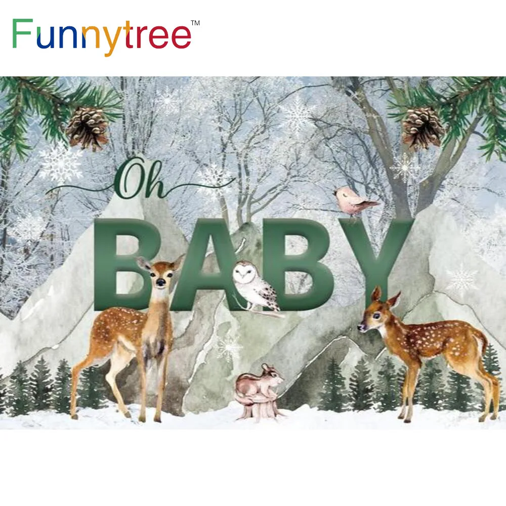 

Funnytree Baby Shower Winter Backdrop Woodland Animals Deer Snow Mountain Forest Kids Birthday Party Poster Props Background