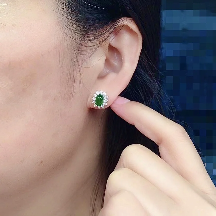 Classic 925 Silver Jade Earrings for Daily Wear 5mm*7mm Natural Green Jade Silver Stud Earrings Solid Silver Jade Jewelry