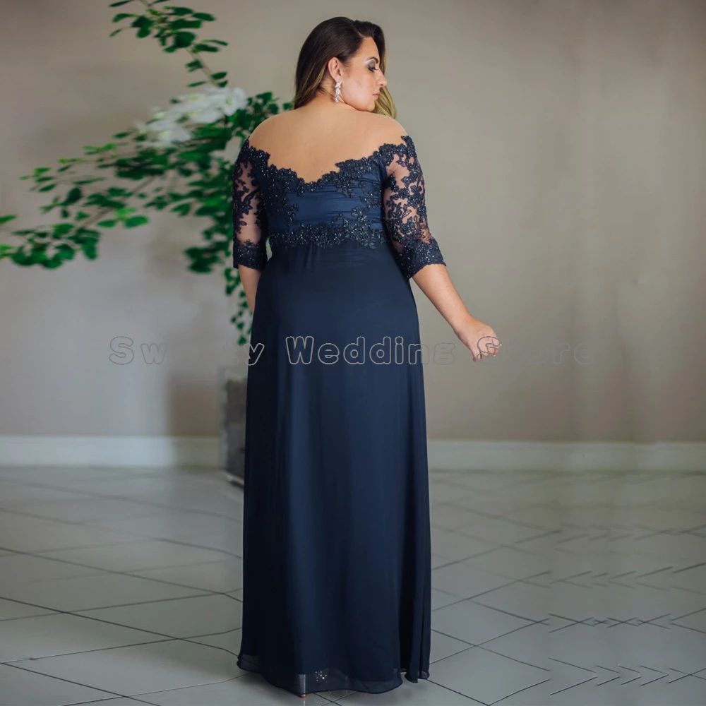 Navy Blue Mother of The Bride Dress Plus Size Groom's Mom Gown Half Sleeve Side Slit Wedding Guest Dresses