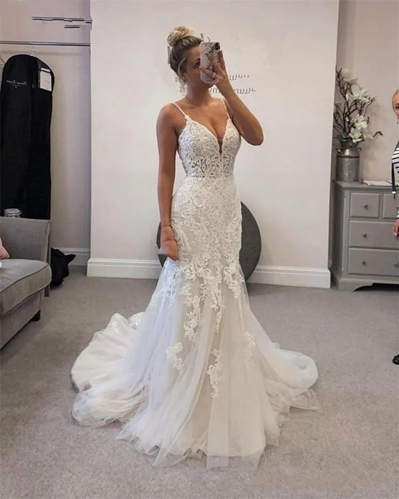 Robe de Mariée Sirène en Tulle et Dentelle, sur Mesure, Dos aux, avec Perles, Sexy, pour Patients, quel que soit le Modèle EY44M, Nouveau Design, 2023