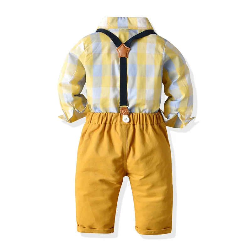 Top and Top Kids Boys Gentleman Clothing Set Cotton Long Sleeve Plaid Shirt with Bow Tie + Overalls Boys Formal Wear for Wedding