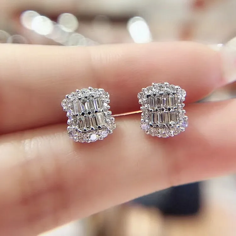 Baguette Lab Diamond Stud Earring Real 925 sterling silver Jewelry Engagement Wedding Earrings for Women Bridal Party Gift