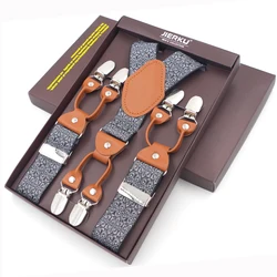 New Men's Braces Fashion Leather Suspenders 6 Cclips Suspensorios Adjustable Belt Strap High Quality Tirantes 3.5*120cm