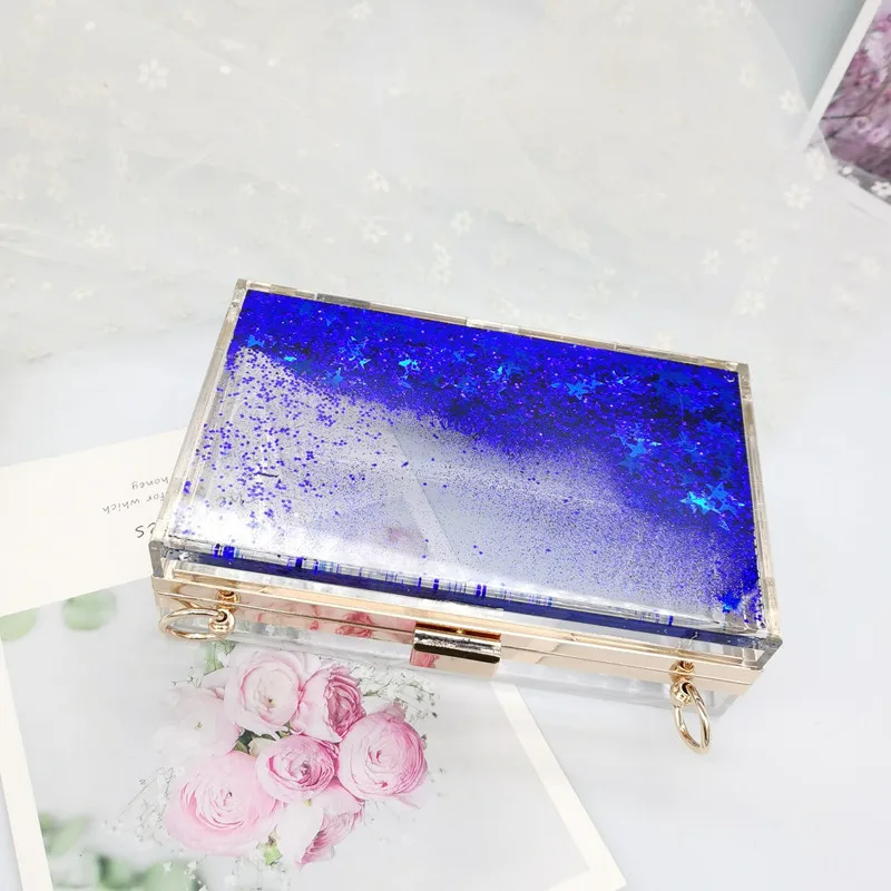 Women\'s Luxury Liquid Glitter Acrylic Clutch Purse Quicksand Powder Transparent Box Bags Summer Beach Handbags With Metal Chain