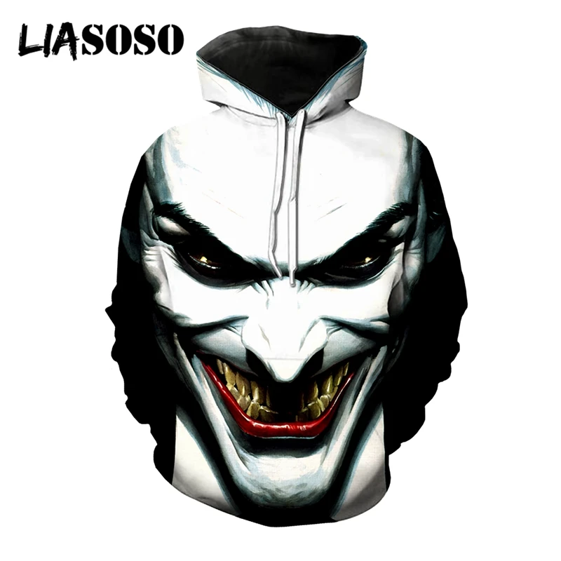 LIASOSO 3D Print Unisex Street Joker Face Horror Hooded Hoodies Sweatshirts Cool Pullover Harajuku Casual Hip Hop Funny Tops