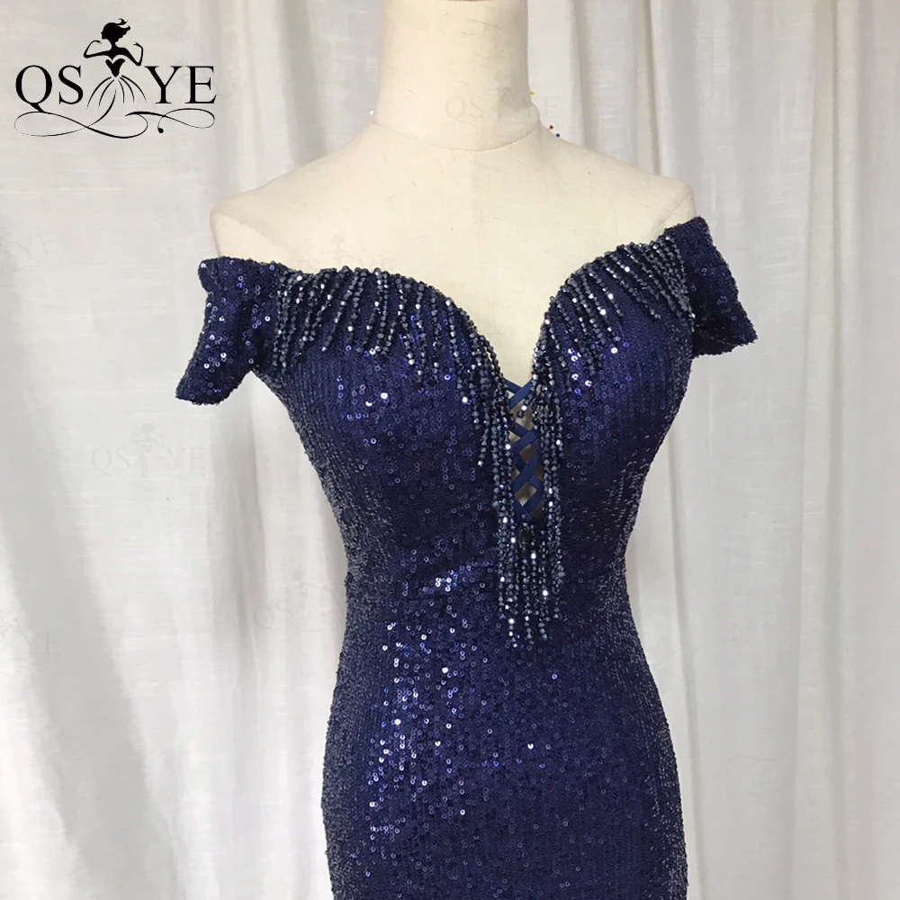 QSYYE – robe de soirée de forme sirène en paillettes bleu marine, épaules dénudées, longue, manches latérales, Sexy, élégante, avec perles