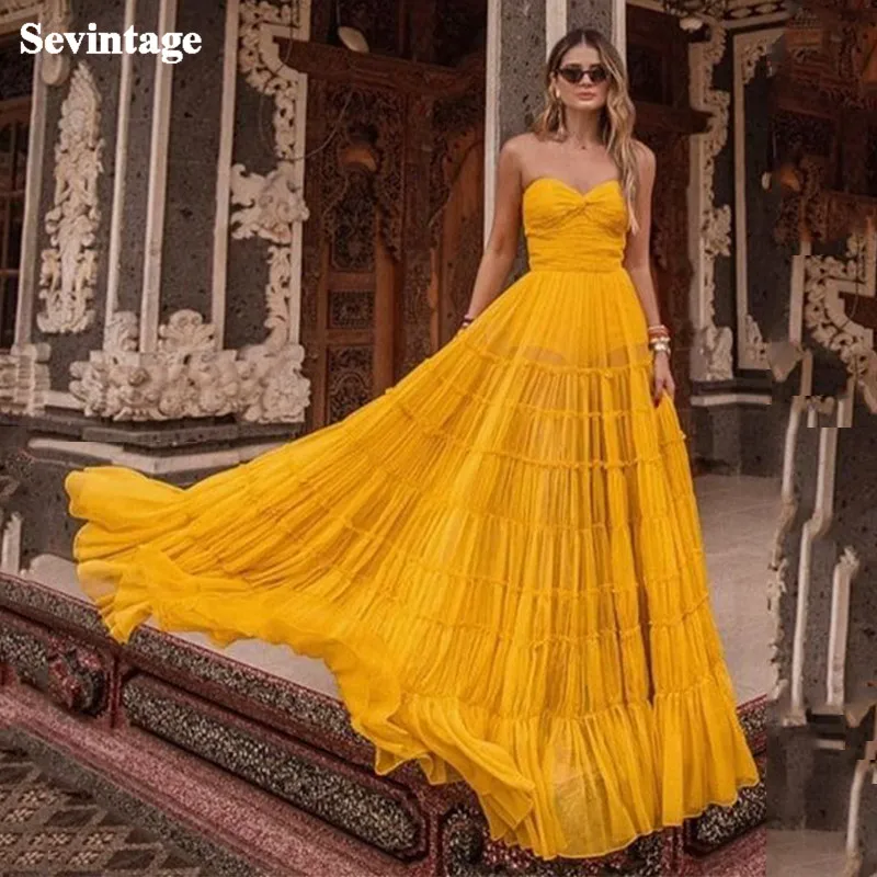 Sevintage Elegant Pleat Beach Prom Dress Sweetheart Chiffon Evening Party Gowns Sleeveless Formal Women Celebrity Dresses 2021