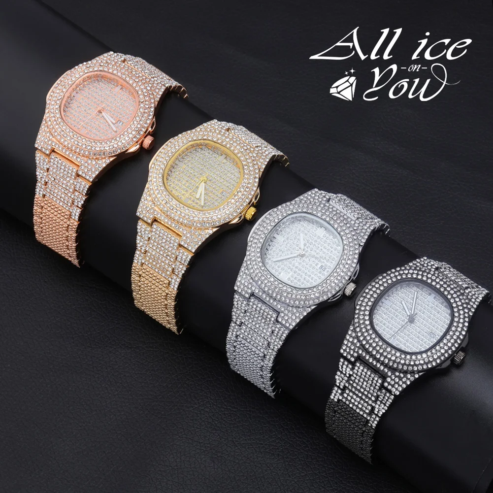 ALLICEONYOU Quartz Watches Iced Out Micro Pave Cubic Zirconia Hip Hop Punk Style Stainless Steel Men Wristwatches