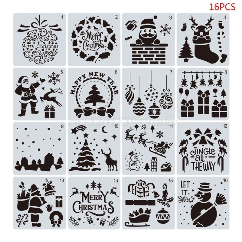 16Pcs/12Pcs Diy Vrolijk Kerstfeest Tekening Stencil Templates Embossing Papier Kaart Schilderen Scrapbooking Stempel Album Decoratie