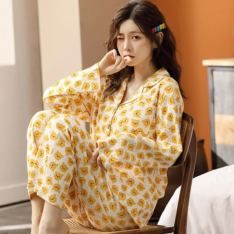 

Korean Style Loose Female Pajamas Suit Women Pyjamas Set Cotton Home Clothes Autumn Winter Thin Homewear Sleepwear Pijama M-3XL