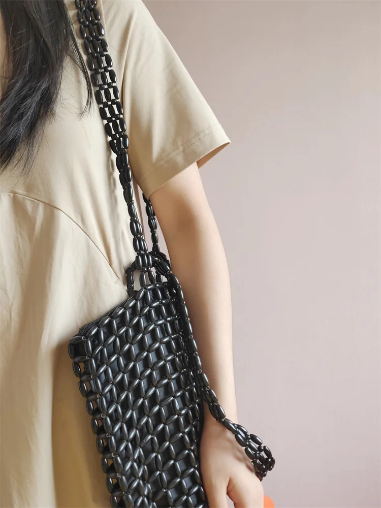 【wander lamar 】2021 korean fashion design big wooden beads weaving shoulder bag