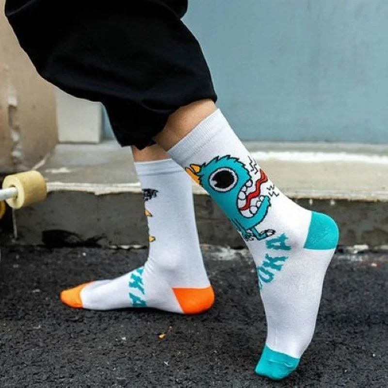 Fashion Harajuku Men\'s Socks Funny Cartoon Monster Socks Korean Style Creative Design Street Fashion Hip-hop Skateboard Socks