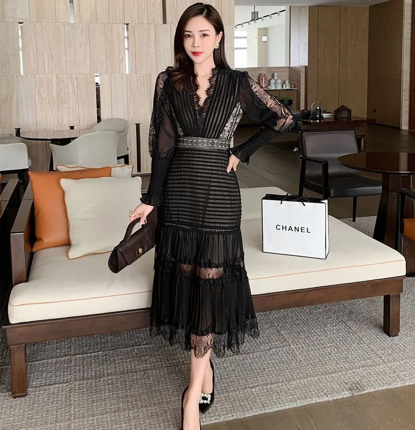 JSXDHK 2024 New Runway Designer Women Black Long Dress Elegant Spring Chiffon Patchwork Lace V Neck Lantern Sleeve Pleated Dress