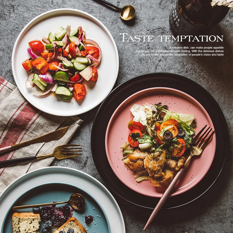 Schieten Fotografie Voedsel Servies Effen Kleur Keramische Platen Eenvoudige & Creativiteit Rundvlees Plaat Ronde Dessert Salade Gerechten