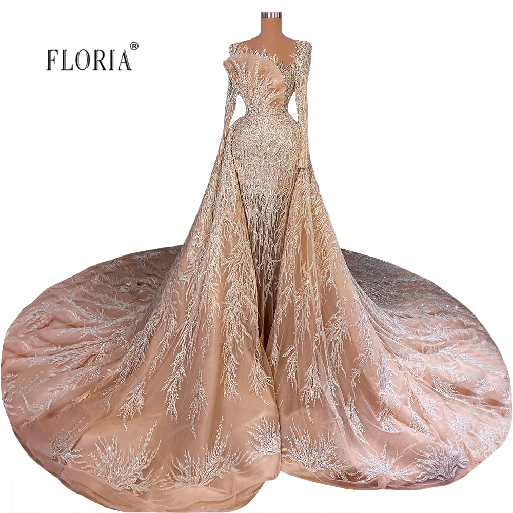 

Floria Dubai Arabic Champagne Long Sleeves Evening Dresses 2022 Women Crystal Beading Wedding Bridal Outfit Vestido De Noite