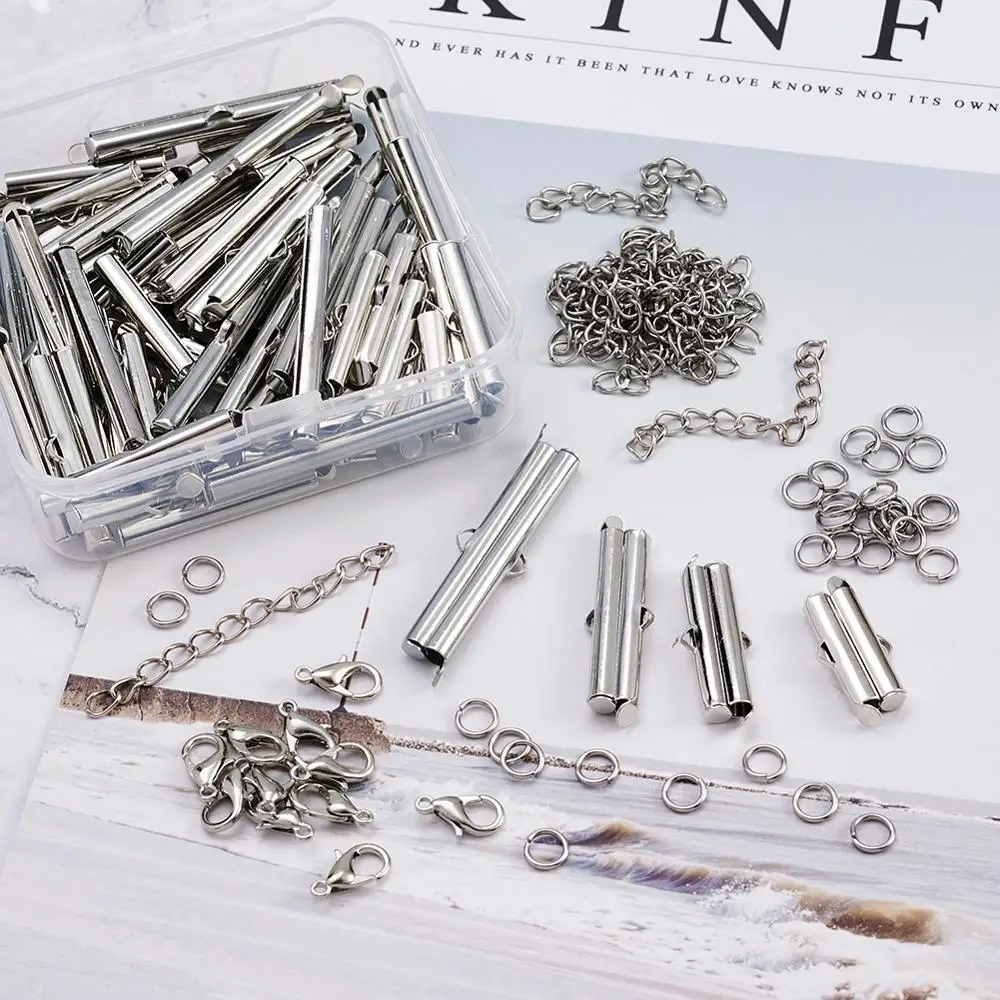 1Box Crimp Slide On End Clasp Tubes Caps with Jump Rings Diy Lobster Claw Clasps Extender Chains Necklace Bracelet Connectors