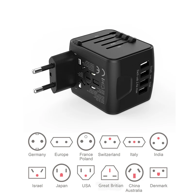 KXN Universal Multi-Function Travel Adapter Socket International Converter Plug EU UK US AU Electrical Plugs with 4 USB Charging