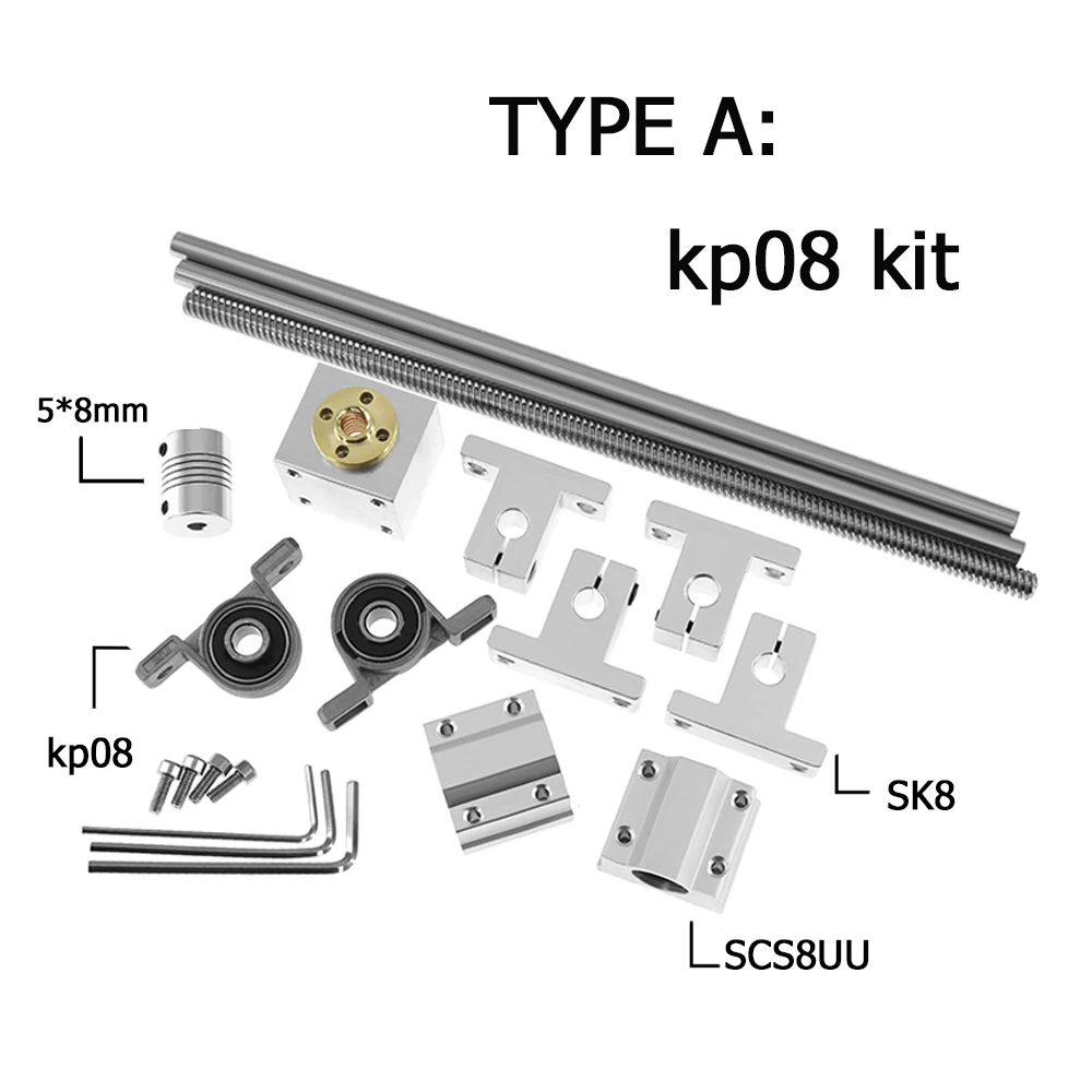 3D Printer Parts T8 Lead Screw 200/300/350/400/500/600mm Optical Axis KP08 KFL08 SCS8UU Coupling 5*8MM Bearing Mounting Bracket