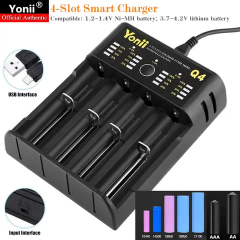 4슬롯 USB 스마트 충전기 호환 가능: 1.2V Ni-MH/3.7V 리튬 배터리, 지원: 18650 AA AAA 26650 충전식 배터리 고속 충전기