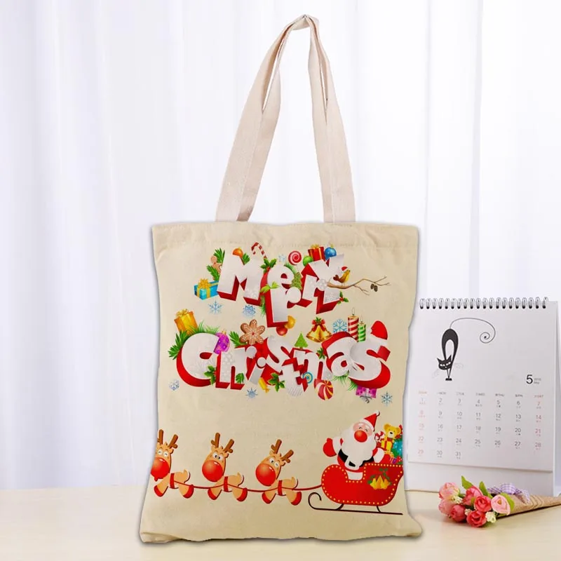 Merry Christmas Hat Santa Sleigh Tote Bag Canvas Shoulder Shopper Bags 2022 Happy New Year Gift Foldable Reusable Shopping Bags