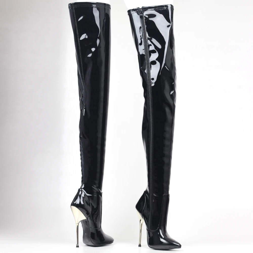 Women 14CM Super High Heel Pointed toe Zip Black Patent Leather Sexy Fetish Over-the-Knee Crotch Long Boots Fast Shipping