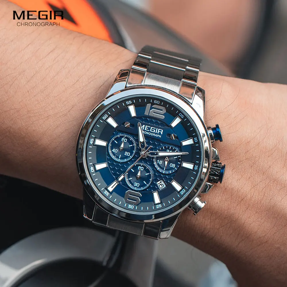 MEGIR Men Watches 2020 Luxury Stainless Steel Chronograph Quartz Watches Top Brand Waterproof Luminous Sports Wrist Watch Man