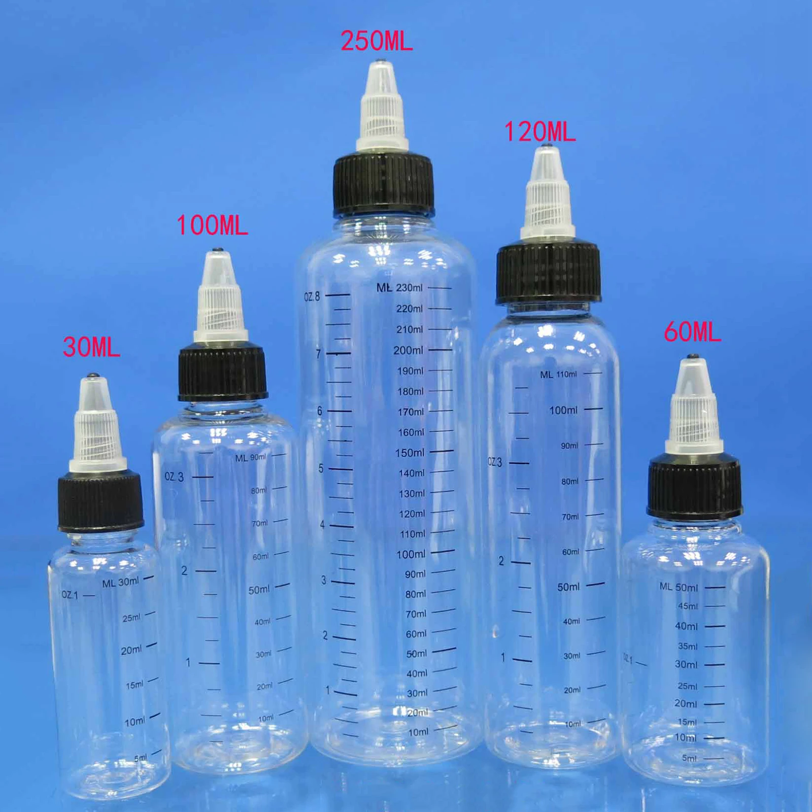 5x PET Leere Dropper Flasche mit Twist Cap + Skala Tattoo kit Zubehör, 30/60/ 100/120/250/500ml