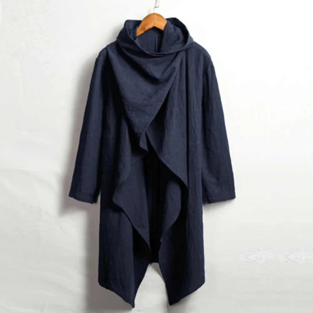 Men Coats Long Sleeve Scarf Collar Trench Ponchos Cotton Outwear Solid Cloak Vintage Irregular Jackets Men Streetwear