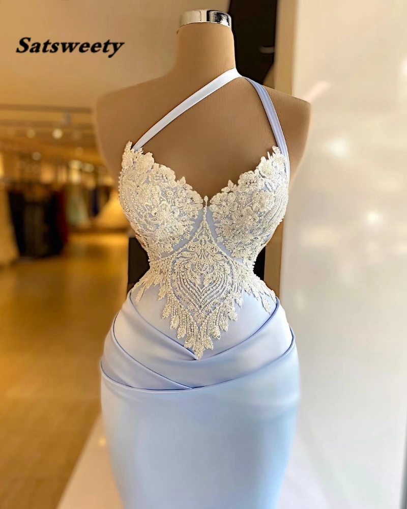 Licht Himmel Blau Meerjungfrau Abendkleider Spitze Appliques Kreuz Straps Satin Bodenlangen Prom Kleider Zipper Zurück Formale Party Kleid