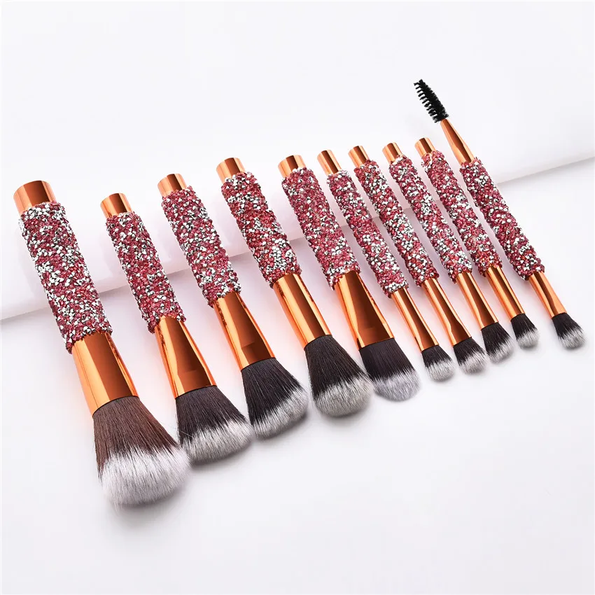 SAIANTTH 10pcs Rhinestone Crystal Glitter makeup brushes set Pro foundation blush brush blending concealer powder beauty tool