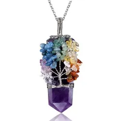 Healing Crystal Sword Faceted Pendant Necklace For Women Men Natural Chakra Tree Life Wire Wrapped Amethyst Rose Quartz Jewelry