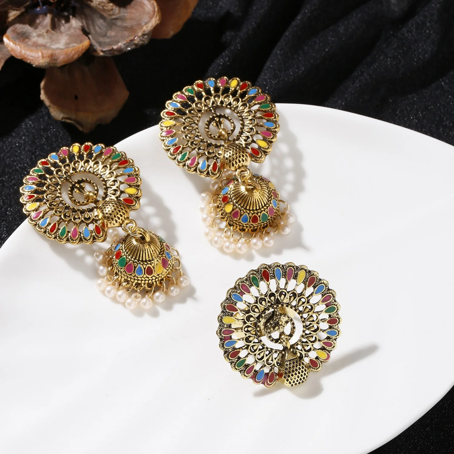 Vintage Turkish Green Peacock Indian Ladies Earrings&Ring Set Classic Gold Color Alloy Earrings Gypsy Tribal Jewelry