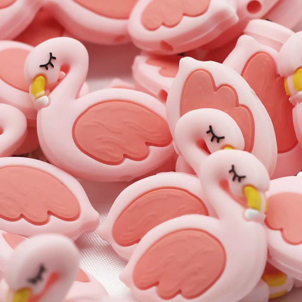 น่ารัก-Idea 10Pcs Mini Flamingo ซิลิโคนลูกปัดการ์ตูนเด็ก Teether เกรดอาหาร DIY สร้อยคอห่วงโซ่ Pacifier Baby Teething care ของเล่น