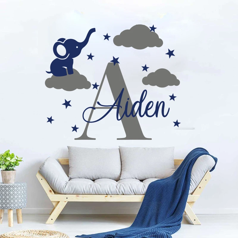 Cartoon Custom Name Elephant Cloud Star Wall Decal Baby Nursery Personalized Name Dumbo Sky Wall Sticker Playroom Decor