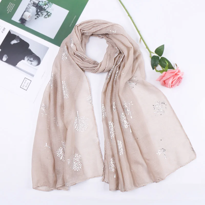 Luxury Designer Silver Tree TR Cotton Scarf Hijab Shimmer Glitter Scarves Women Muslim Hijab Headscarf Navy Blue Scarf 180*90cm