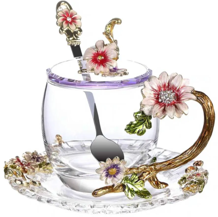 Enamel Tea mug High temperature resistance crystal Flower Tea set breakfast mug Drinkware afternoon Tea cup beautiful gift