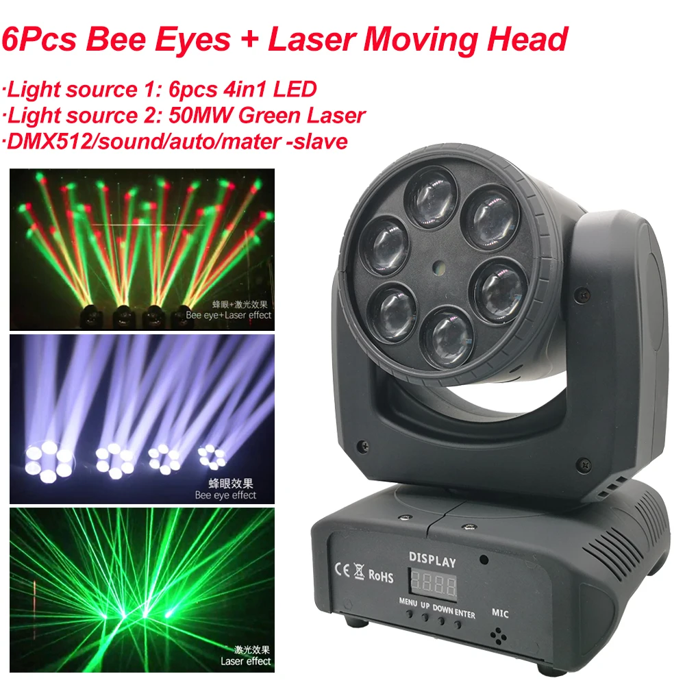 

Mini 80W LED 6Pcs RGBW 4IN1 Bee Eyes and Laser Moving Head Light Stage Beam Effect Light DMX512 Sound Party Disco DJ Equipment