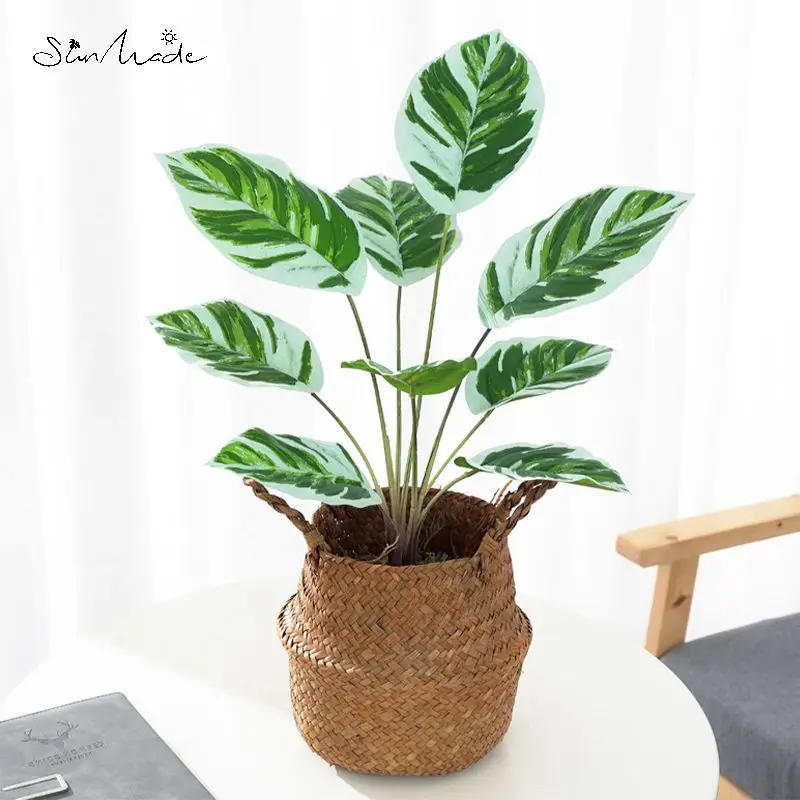 SunMade INS 9-Head White Oil Painting Arrowroot Artificial Plants for Home Decor Bedroom Decor Fake Plants for Office Monstera