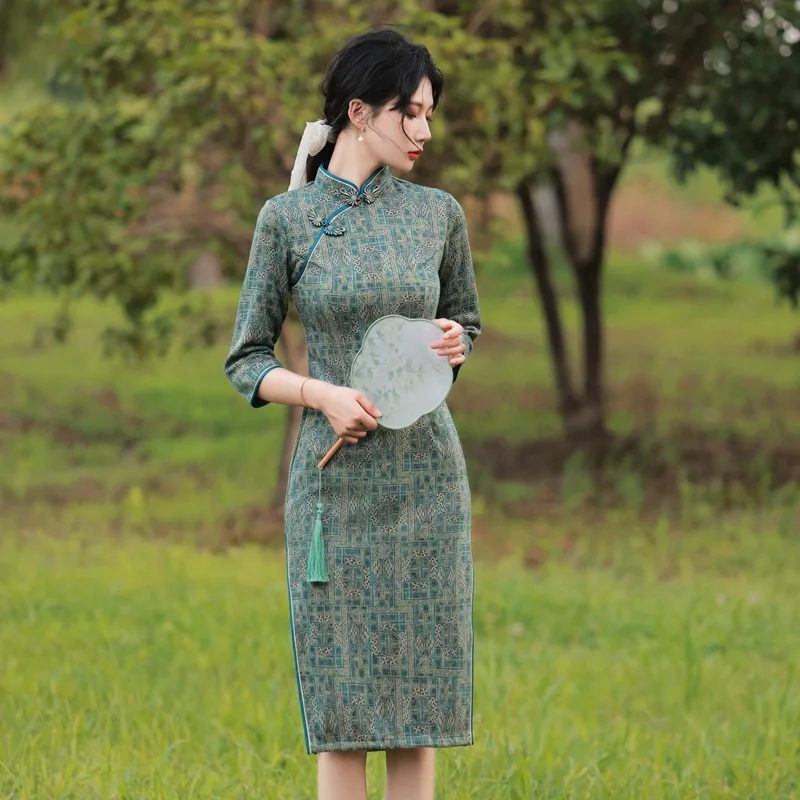 Elegant New Slim Long Fork Women Qipao Vintage Button Chinese Traditional Mandarin  Collar Party Dress Ladies Cheongsam